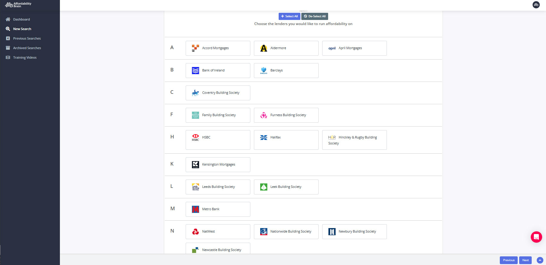 Product | Screenshot of lender selection in Affordability Brain