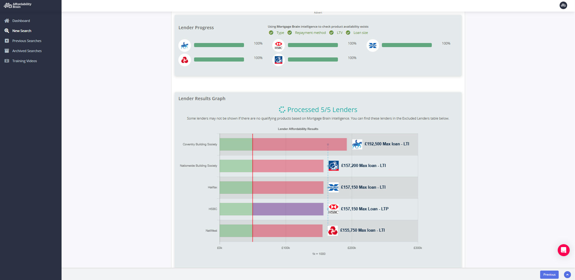 Product | Screenshot of results page in Affordability Brain