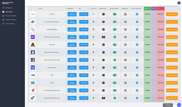 Affordability Brain | screenshot showing results of lender search