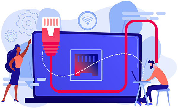 Illustration of a man and a woman trying to fix a laptop