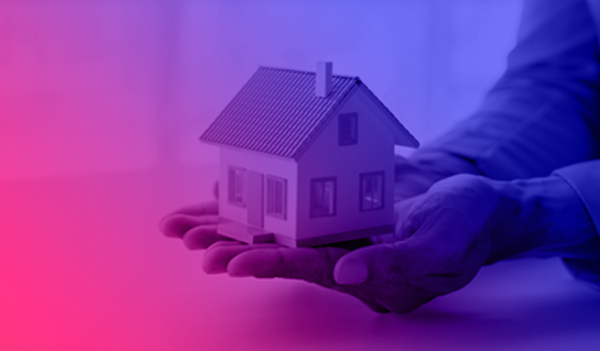 Colour abstract image of hands holding a house with branded gradient overlaying