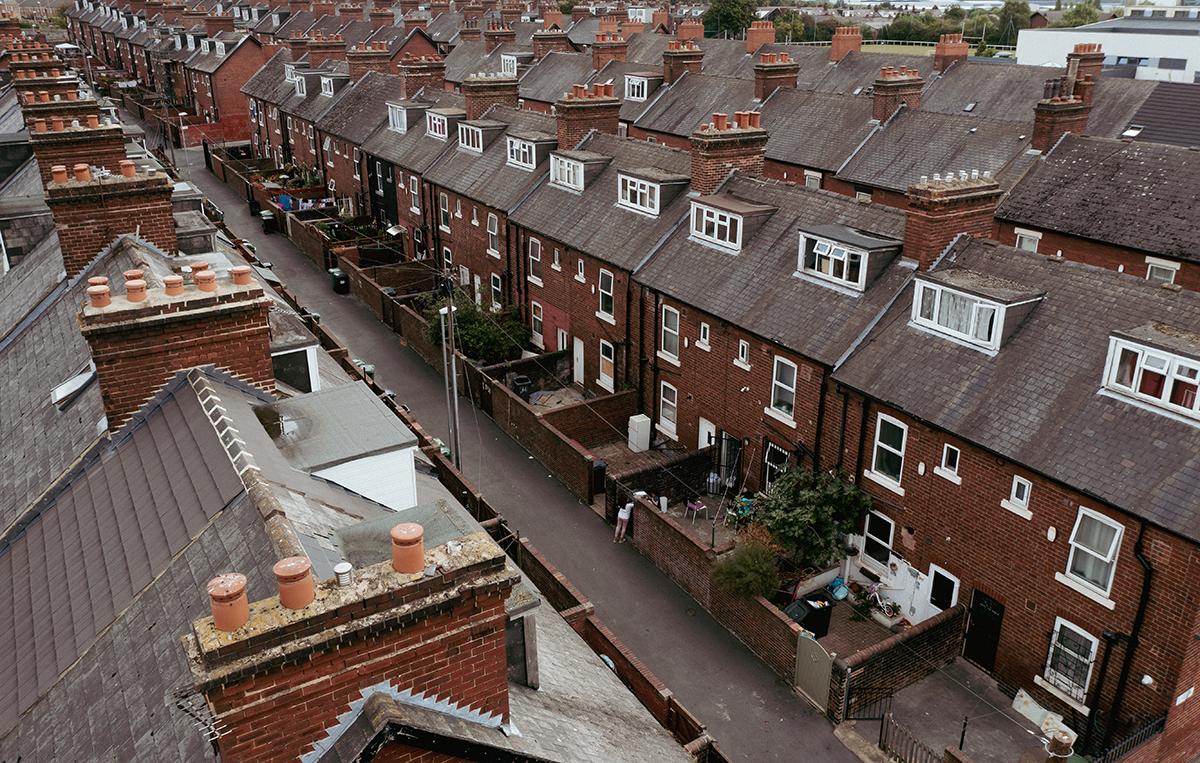 colour image of aerial view of terraced rooftops