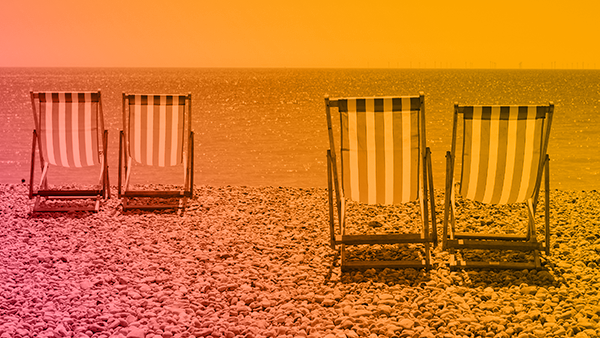 Image of empty deckchairs on a beach with marigold and pink gradient overlay
