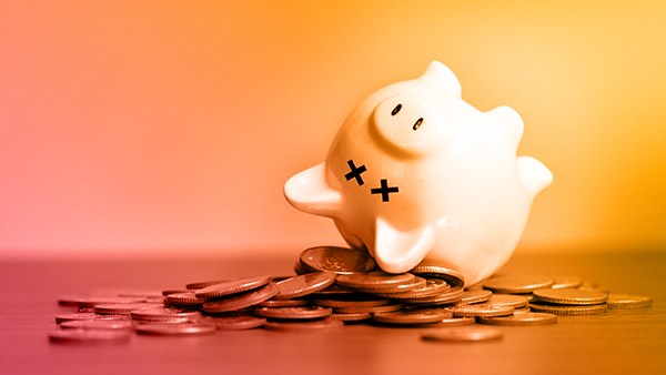 Upside Piggy Bank on a pile of coins with yellow and pink branded gradient overlay