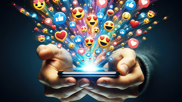 Hands holding a phone with social media emojis bursting out