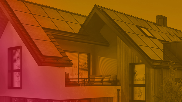 Banner with new build house with solar panels and marigold and pink gradient overlay
