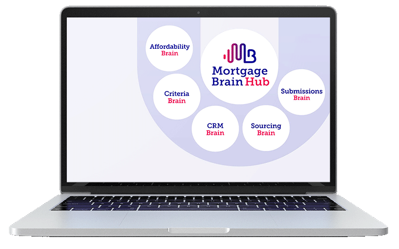 Laptop screen showing Mortgage Brain hub logo surrounded by its modules, affordability brain, criteria brain, crm brain, sourcing brain, and submissions brain