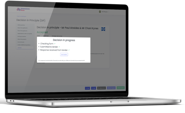 Product | Laptop with lender decision screen of Submissions Brain