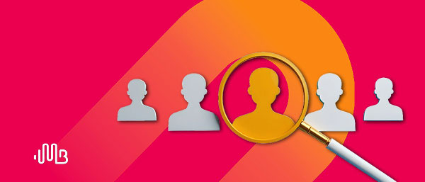 Blog | Gain and retain image showing a magnifying glass focusing on a head and shoulders within a group over a marigold and red background