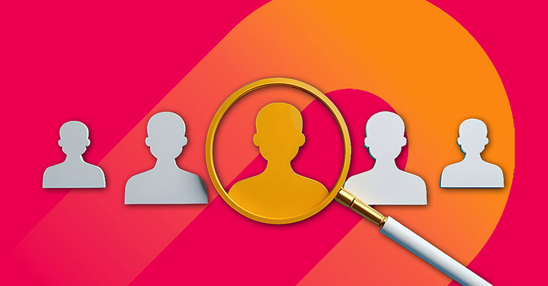 Blog | Gain and retain image showing a magnifying glass focusing on a head and shoulders within a group over a marigold and red background