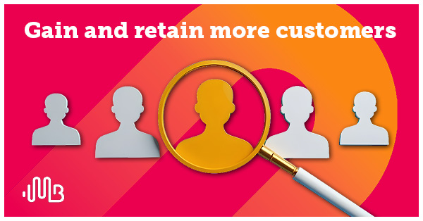 Carousel | Gain and retain image showing a magnifying glass focusing on a head and shoulders within a group over a marigold and red background