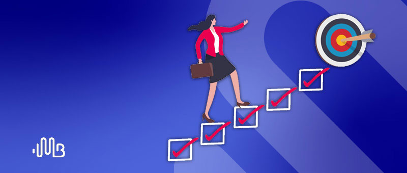 Blog | Illustrated image of a girl climbing up tick boxes to reach her target over blue background