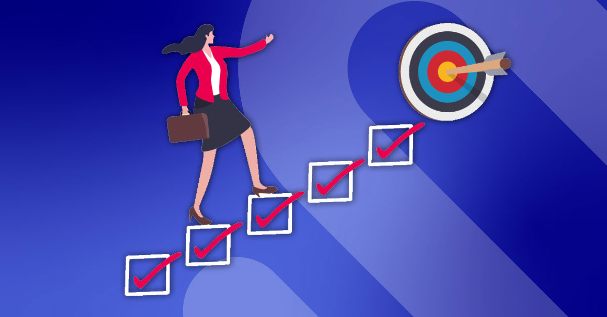 Blog | Illustrated image of a girl climbing up tick boxes to reach her target over blue background