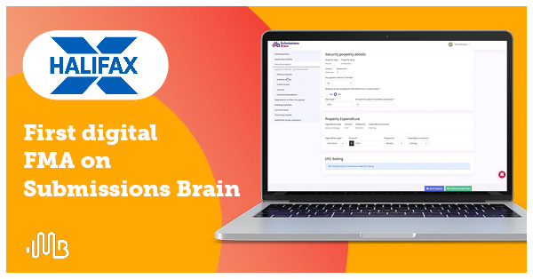 Carousel | Halifax logo over marigold and red background with submissions brain screenshot on laptop