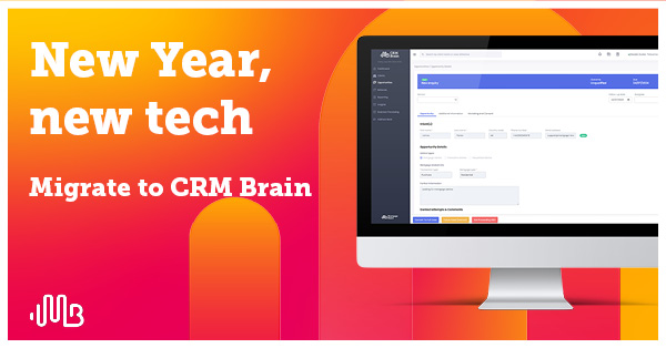 Carousel | Single monitor with CRM Brain screen with Mortgage Brain red and marigold gradient behind