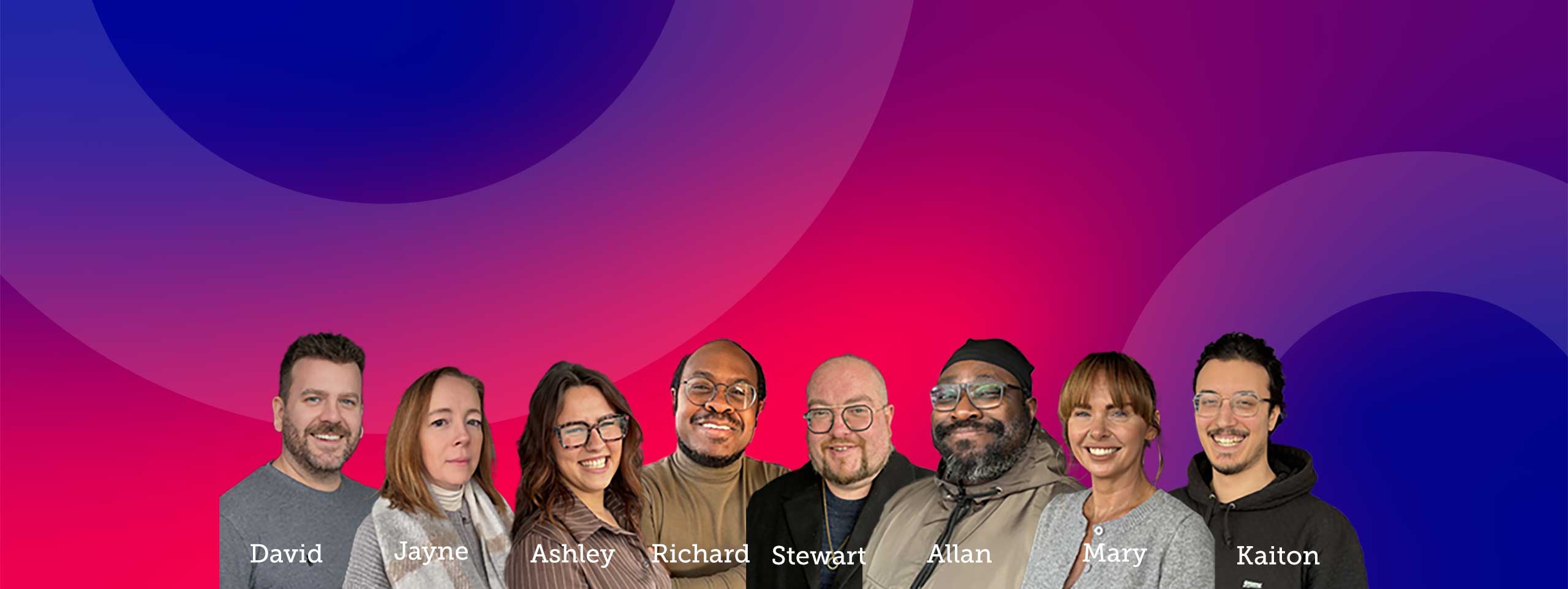 Contact us | Montage of Customer Success staff with Mortgage Brain blue and red gradient behind