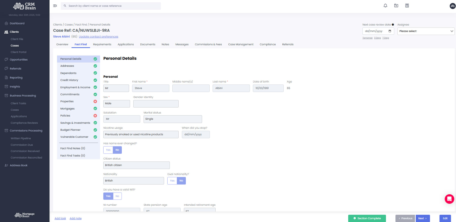 Product | CRM Brain | Screenshot of fact find