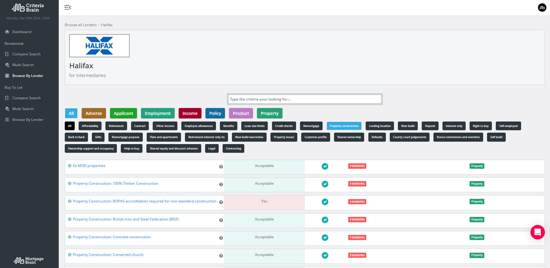 Product | CRM Brain | Screenshot of browsing by lender for Halifax