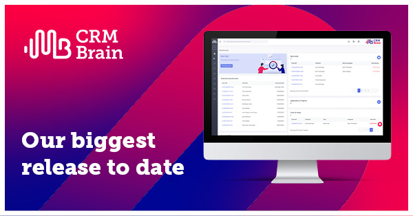 Carousel | Crm Brain mock up on computer screen with blue and red gradient background and CRM Brain logo