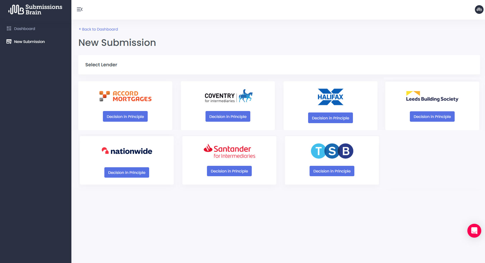 Product | Submissions Brain | Screenshot of select a lender