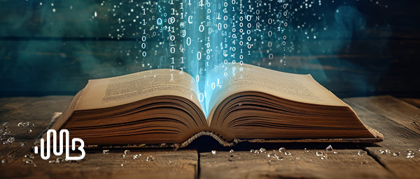 AI Zone | Featured image for AI Glossary showing a large old book flat on a table with code coming out of it