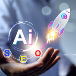 AI Zone | Image of a hand holding AI SEO image and rocket launching