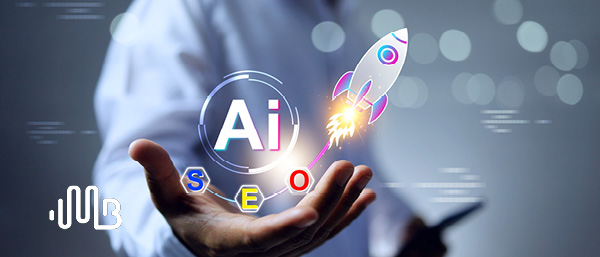 AI Zone | Image of a hand holding AI SEO image and rocket launching