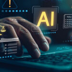 AI Zone | Image of a hand on a laptop keyboard overlaid with icons suggesting compliance