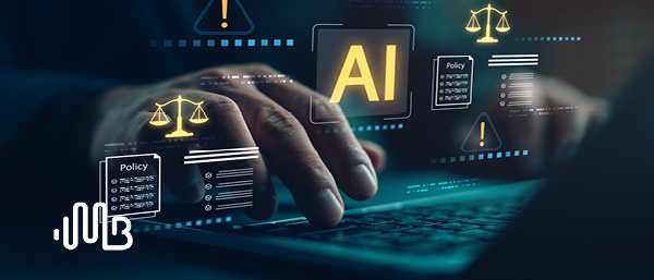 AI Zone | Image of a hand on a laptop keyboard overlaid with icons suggesting compliance