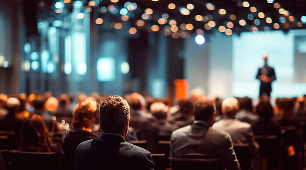 Training and Events | Soft focus image of event hall with audience listening to a speaker