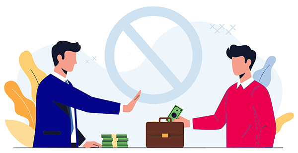 Policy Hub | Illustration showing a business man saying no to being offered money by another man