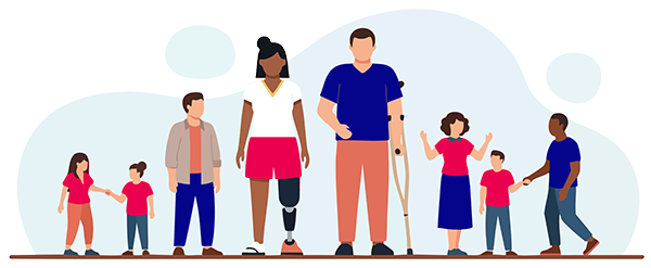 Policy Hub | Illustrated image of adults, children in a mix of races representing Equity, diversity and inclusivity