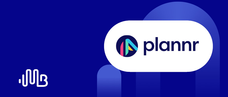 Plannr Logo in white cylindrical panel over blue background with lighter blue design element