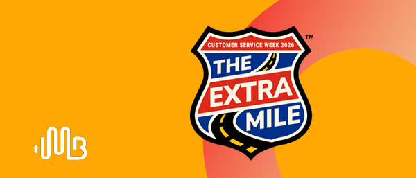 Logo for Customer Service Week over an marigold background with red circular design element.